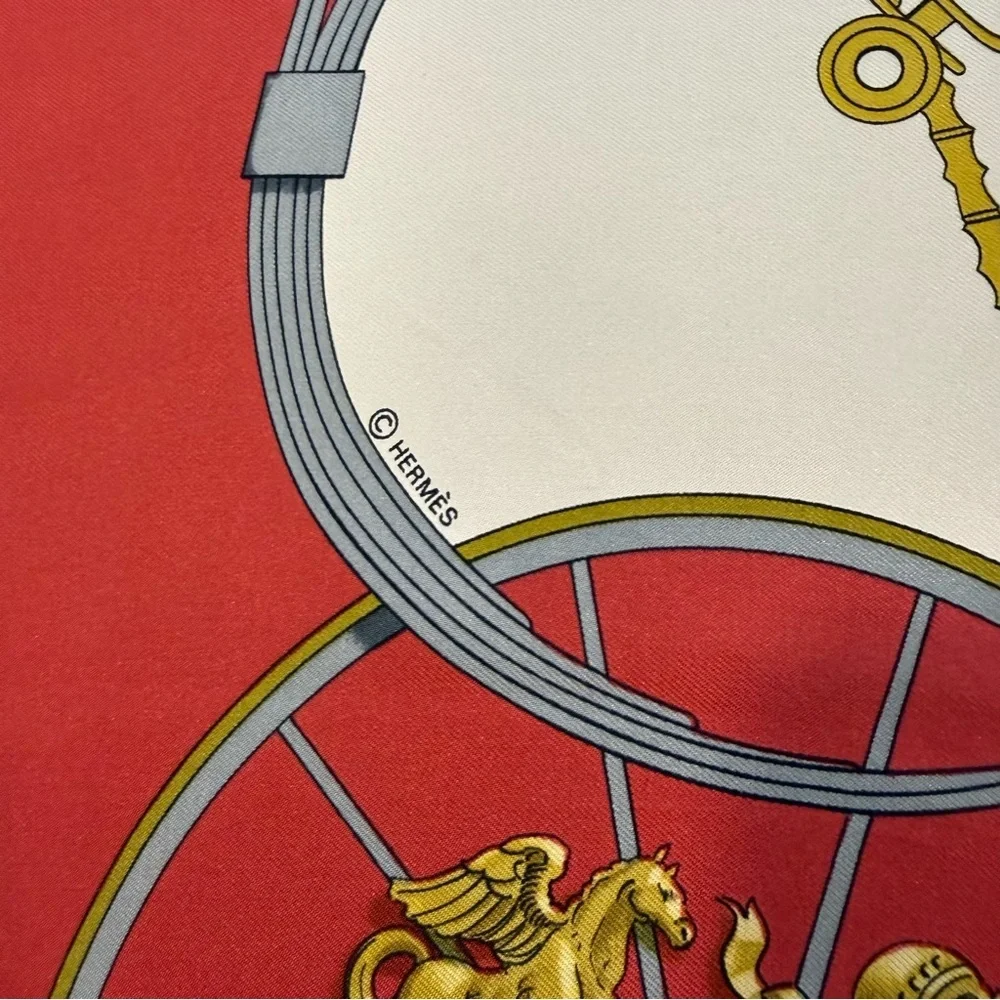 Hermes Silk Scarf 90 Carré Gold Red Equestrian Hand Rolled Made in France